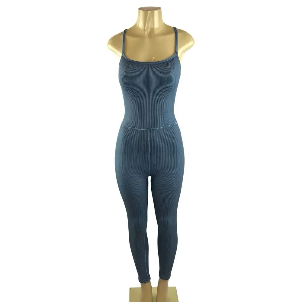 Free People Movement Happiness Runs Square Neck One Piece Jumpsuit Size M/L Blue - Picture 2 of 10